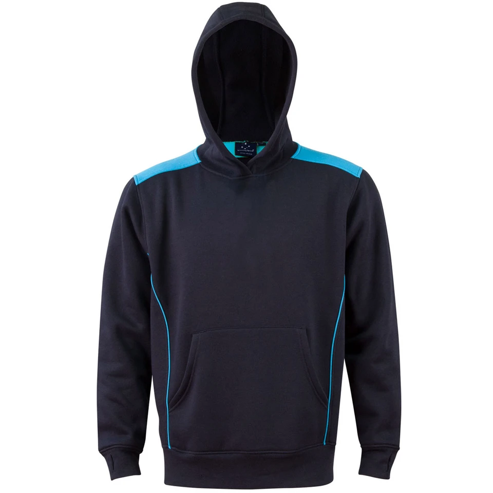 Navy fleece hoodie with cyan blue shoulder panels and side piping, featuring kangaroo pocket and ribbed cuffs