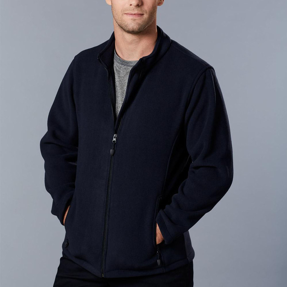 Navy bonded polar fleece jacket with full zip front and stand collar worn by male model