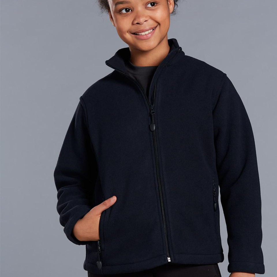 Navy bonded polar fleece jacket with full zip and side pockets on child model