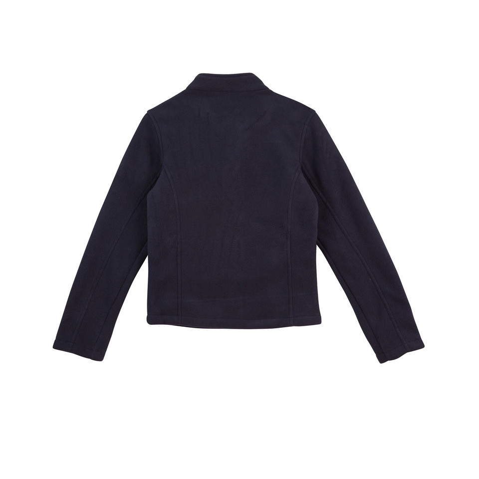 Navy bonded polar fleece zip jacket with fitted silhouette, full-length sleeves and stand collar shown from back