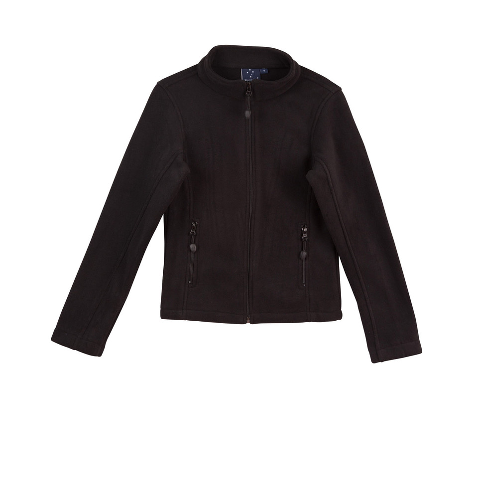 Black FLICKER Women's Bonded Polar Fleece Zip Fitted Jacket in black, featuring a structured feminine silhouette, wind-resistant bonded fleece fabric, and a full-length front zipper for cold-weather layering.