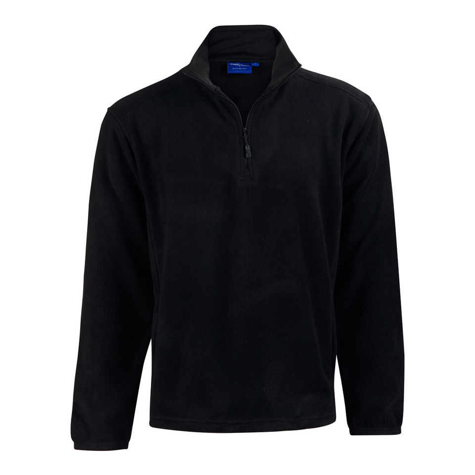Black half-zip polar fleece pullover with stand collar and ribbed cuffs