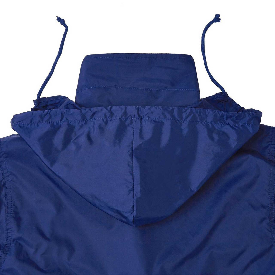 Royal blue waterproof jacket with hood featuring drawstring adjustment and fleece lining visible at collar