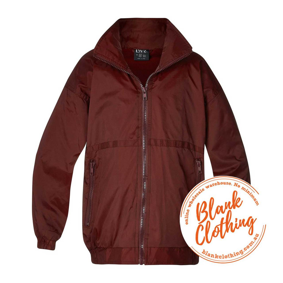 Maroon waterproof jacket with full-length zip, ribbed cuffs and collar, side pockets with fleece lining