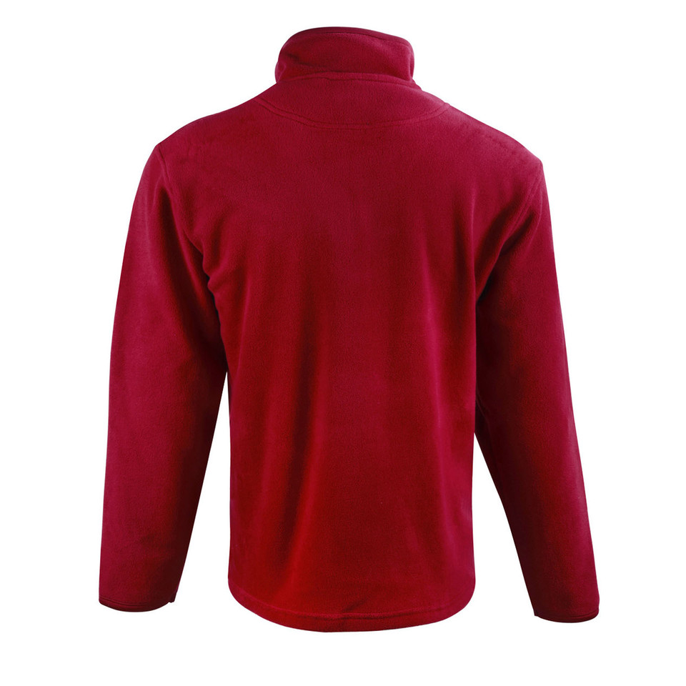 Deep maroon polar fleece pullover with half-zip closure and stand-up collar shown from back