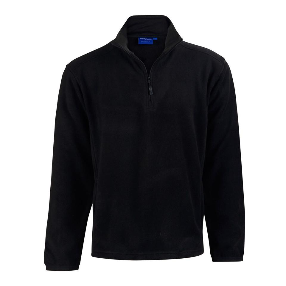 Black polar fleece pullover with half zip collar and long sleeves for kids