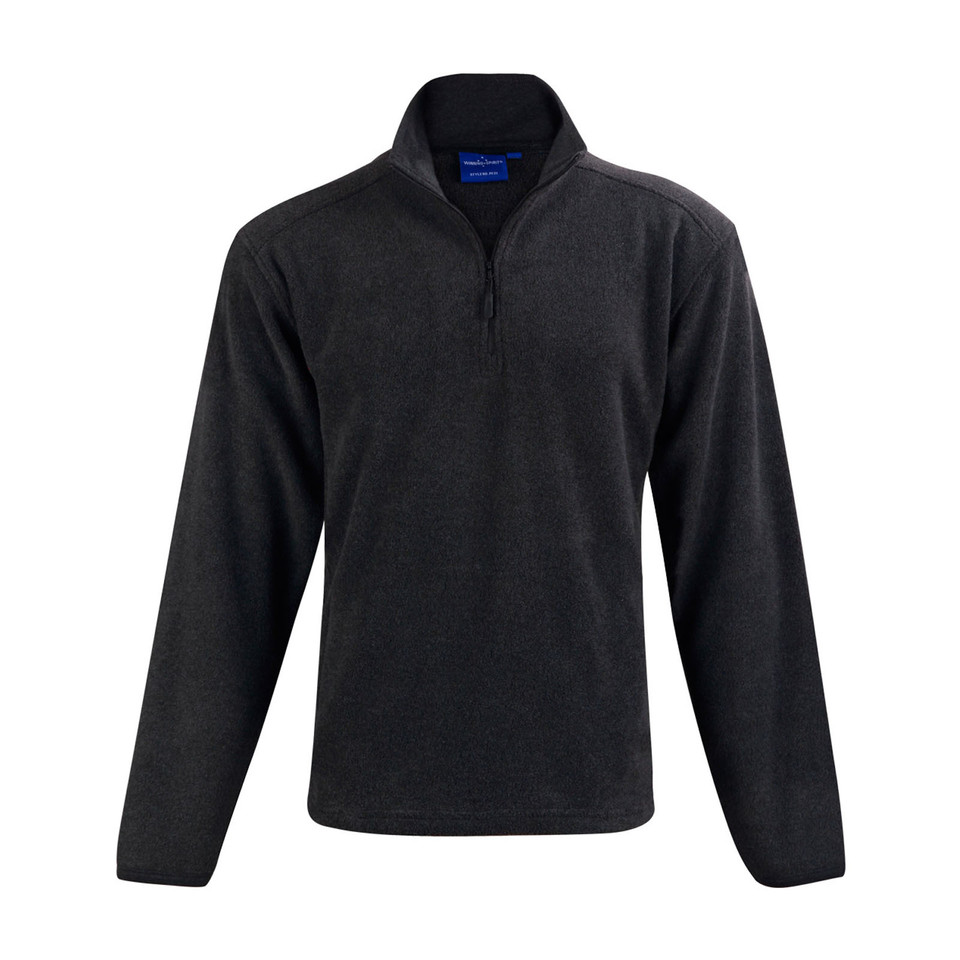 Charcoal grey kids half-zip polar fleece pullover with stand collar and textured fabric finish