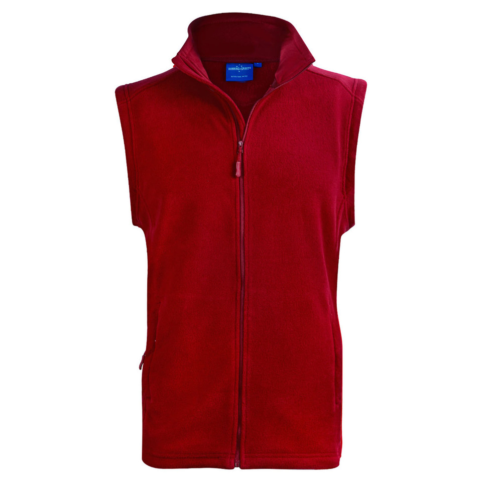Burgundy red fleece vest with full-zip front and stand-up collar on white background