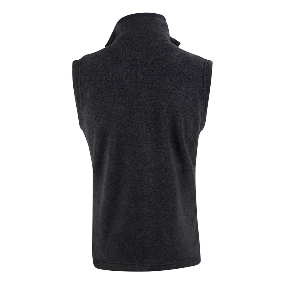 Charcoal grey polar fleece vest with high collar, back view showing sleeveless design and smooth finish