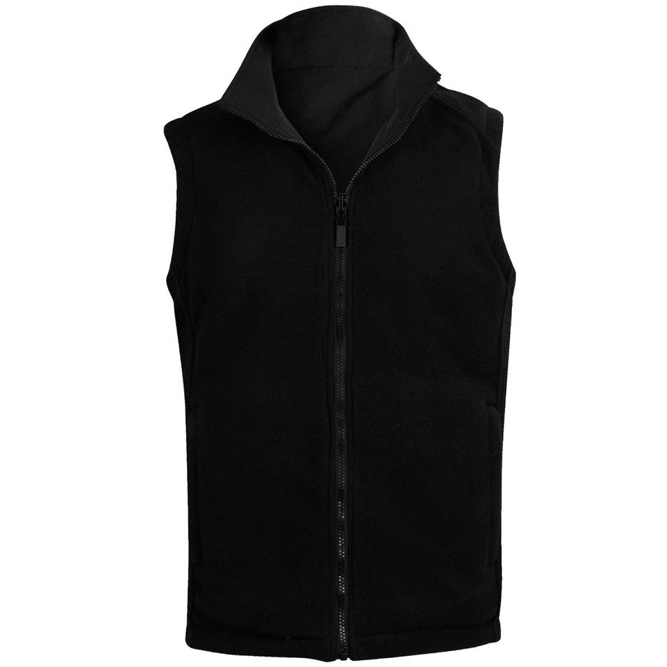 Black reversible fleece vest with full-length zip and high stand collar, flat lay packshot