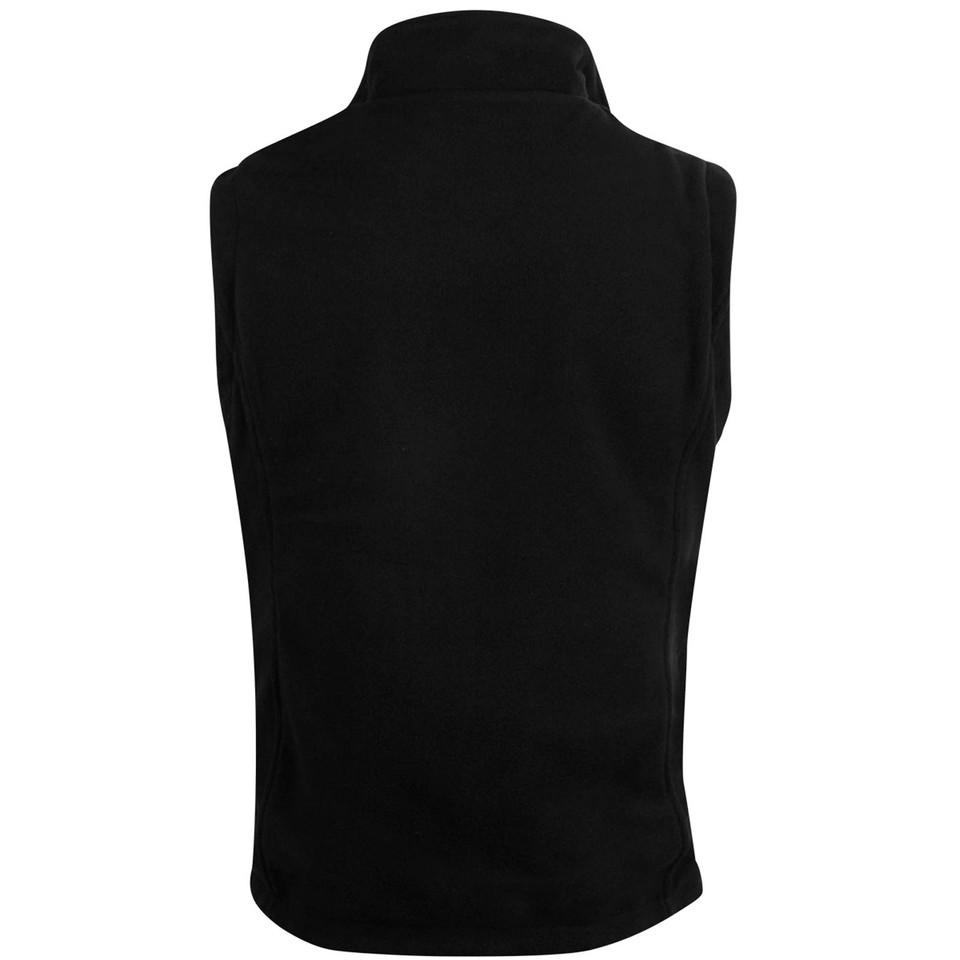 Black reversible vest shown from back with stand-up collar and sleeveless design