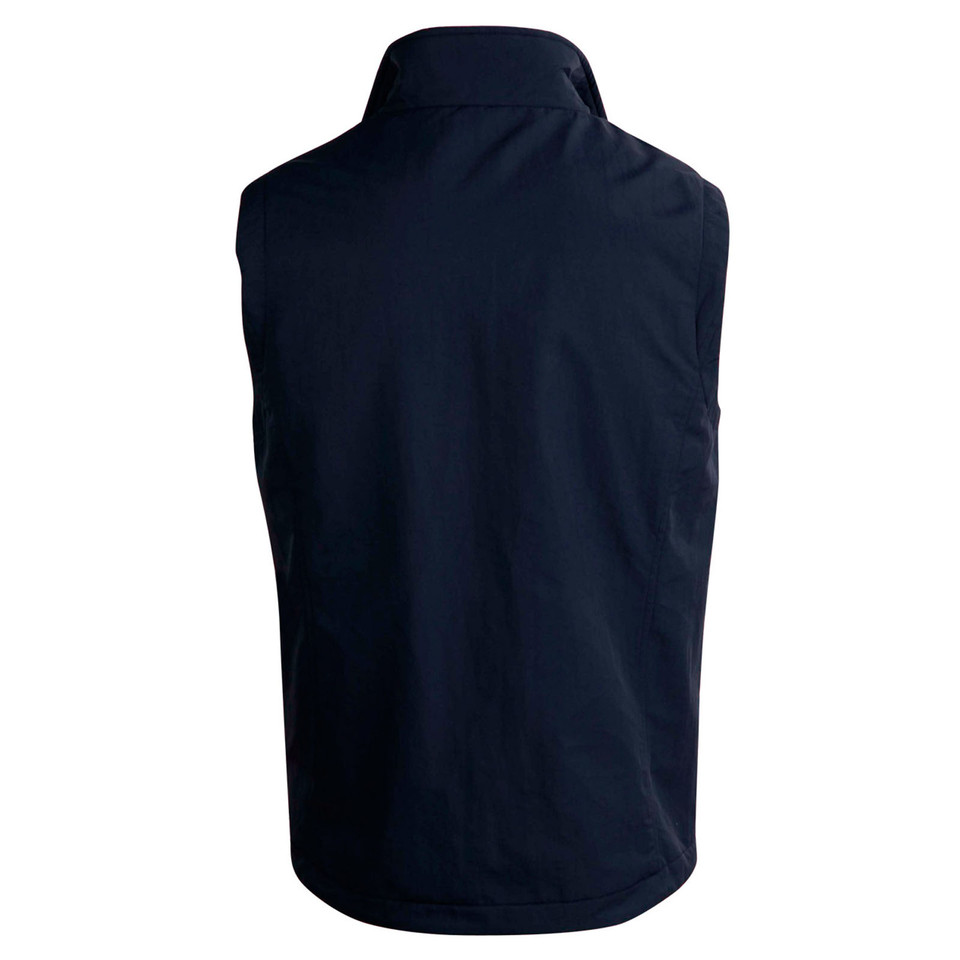 Navy reversible vest shown from back with stand collar and sleeveless design