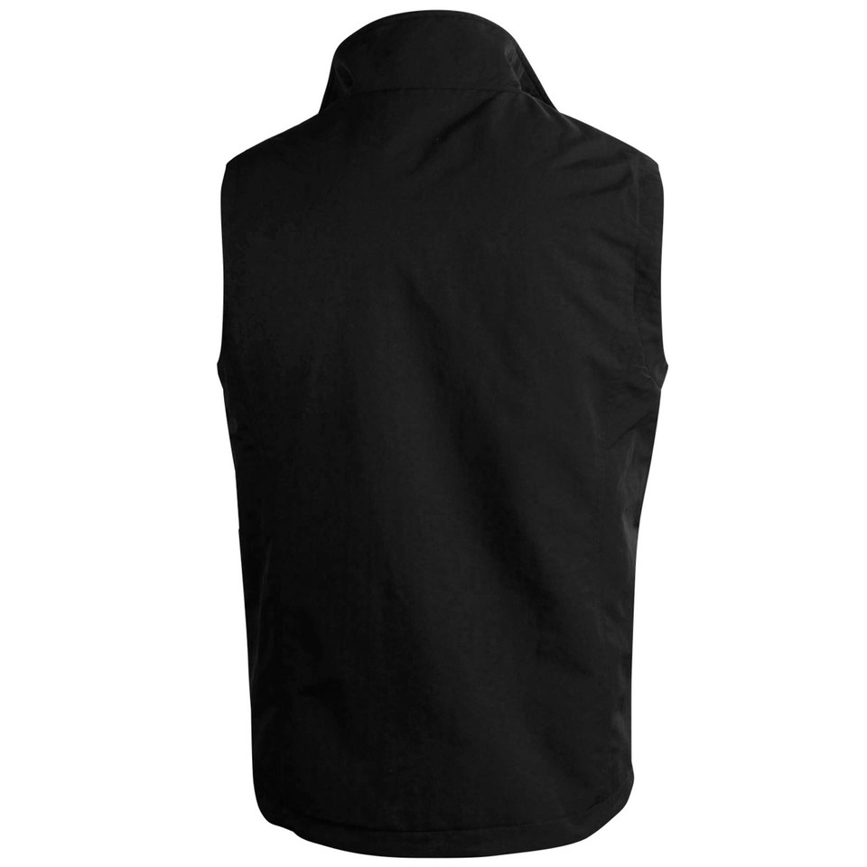 Back view of a jet black sleeveless softshell vest with high collar and smooth panelled construction