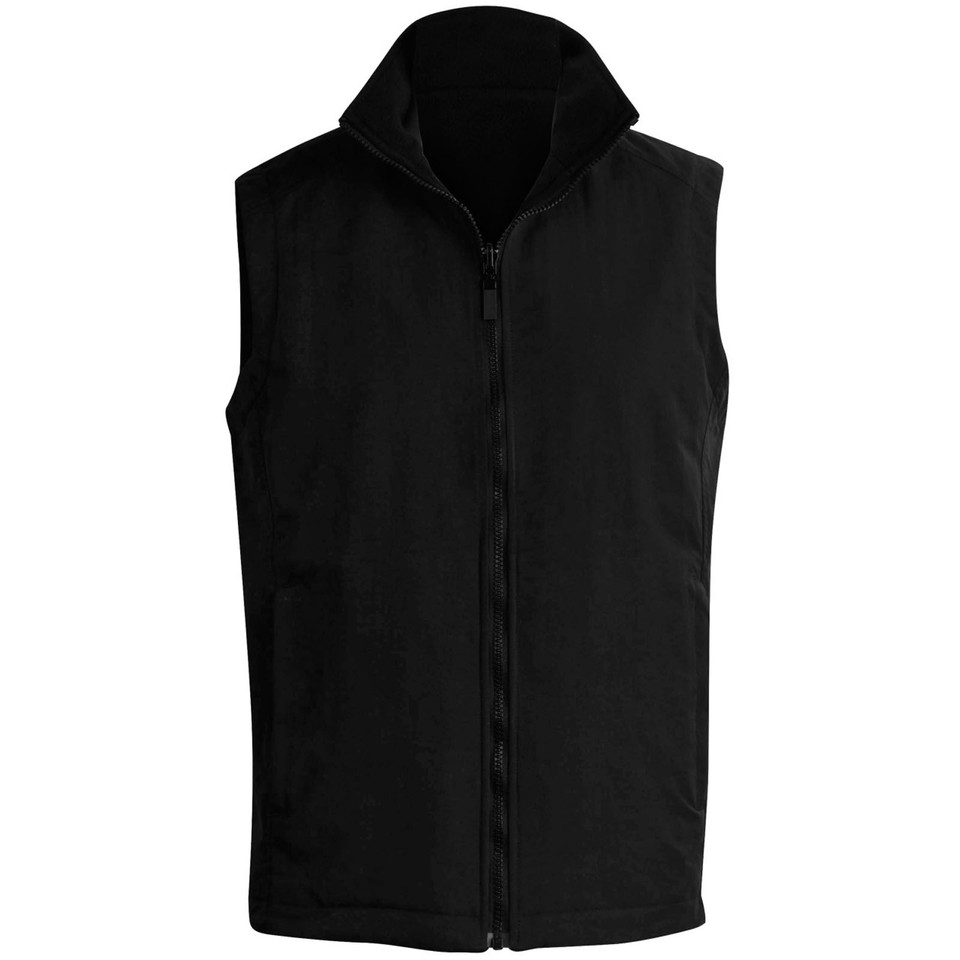 Black reversible vest with full-length zip and attached hood showing smooth outer shell fabric