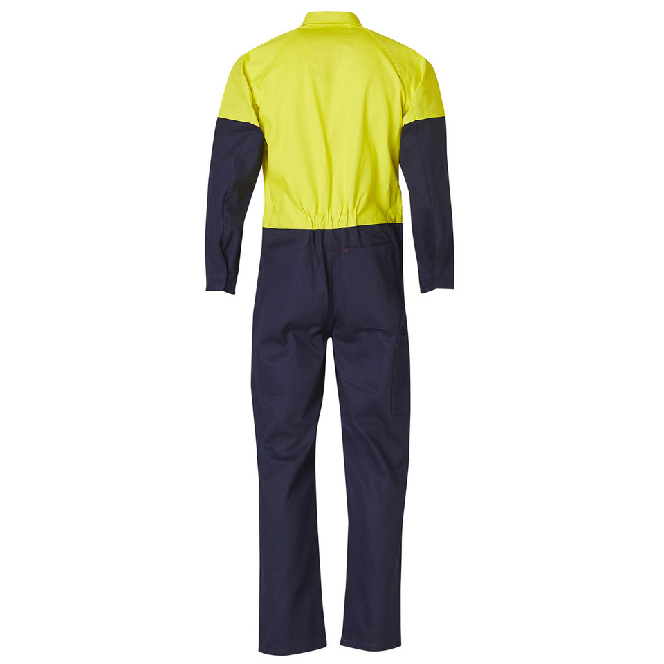 Back view of hi-vis yellow and navy two-tone long sleeve cotton drill coverall with zip front
