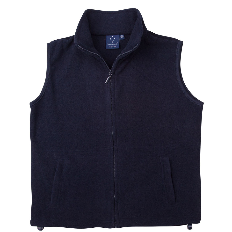 Navy polar fleece vest with full zip front and two side pockets