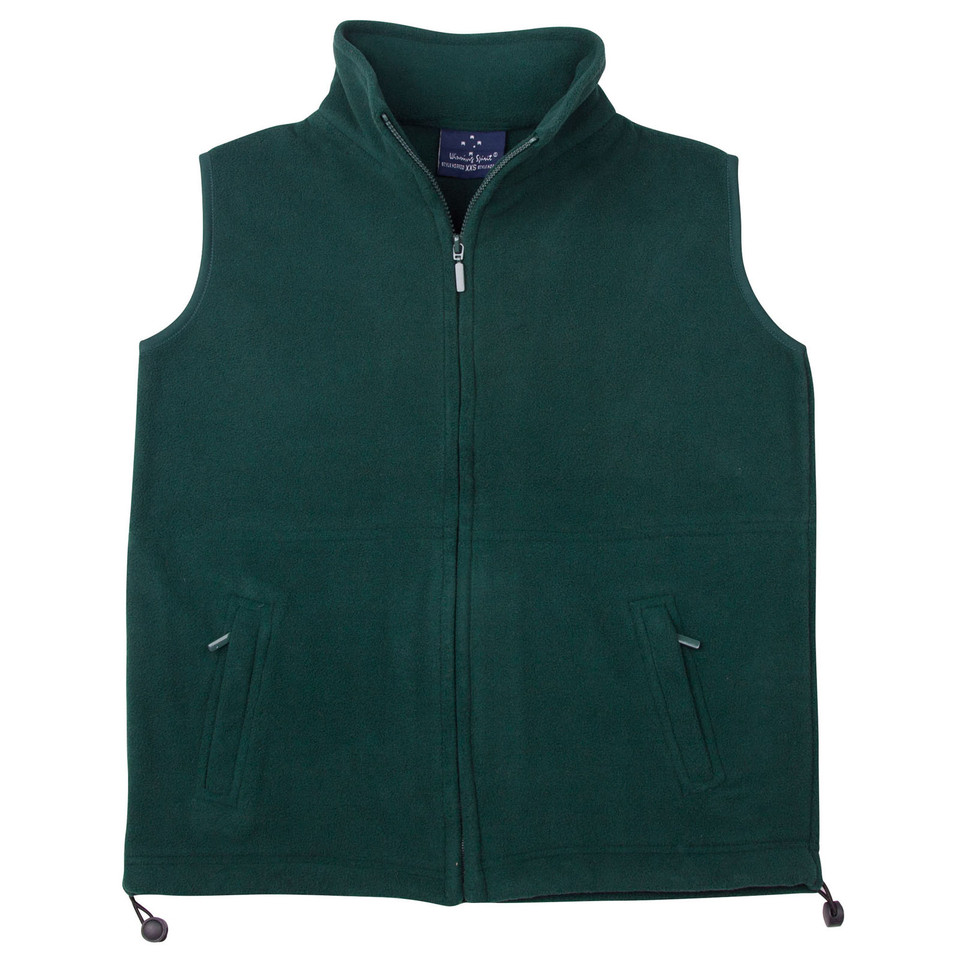 Forest green polar fleece vest with full zip front, stand collar, and zippered side pockets with adjustable hem