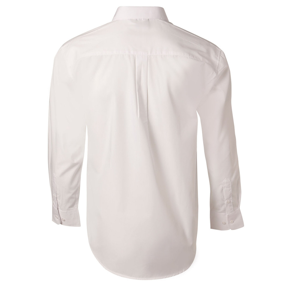 White men's long sleeve poplin business shirt rear view showing box pleat, curved hem and buttoned cuffs