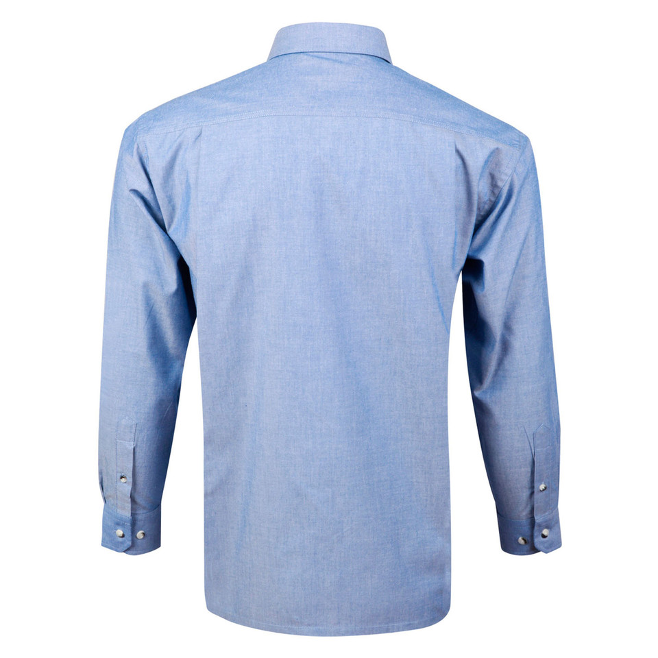 Back view of sky blue chambray long sleeve shirt with collar and button cuffs