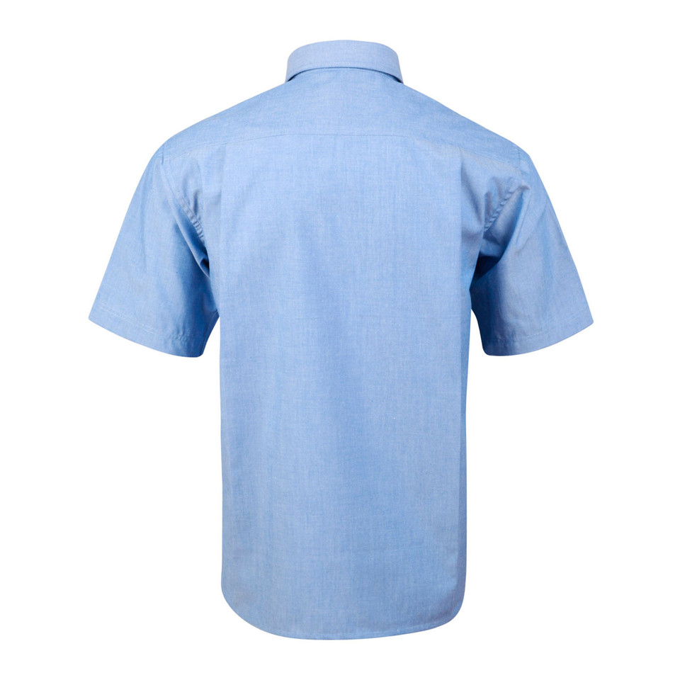 Light blue chambray short sleeve shirt with collar, back view showing smooth wrinkle-free fabric