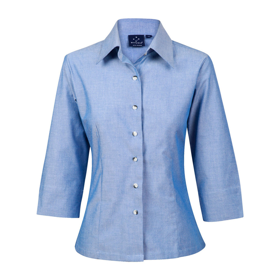 Sky blue chambray women's shirt with three-quarter sleeves, pointed collar and pearl button front placket