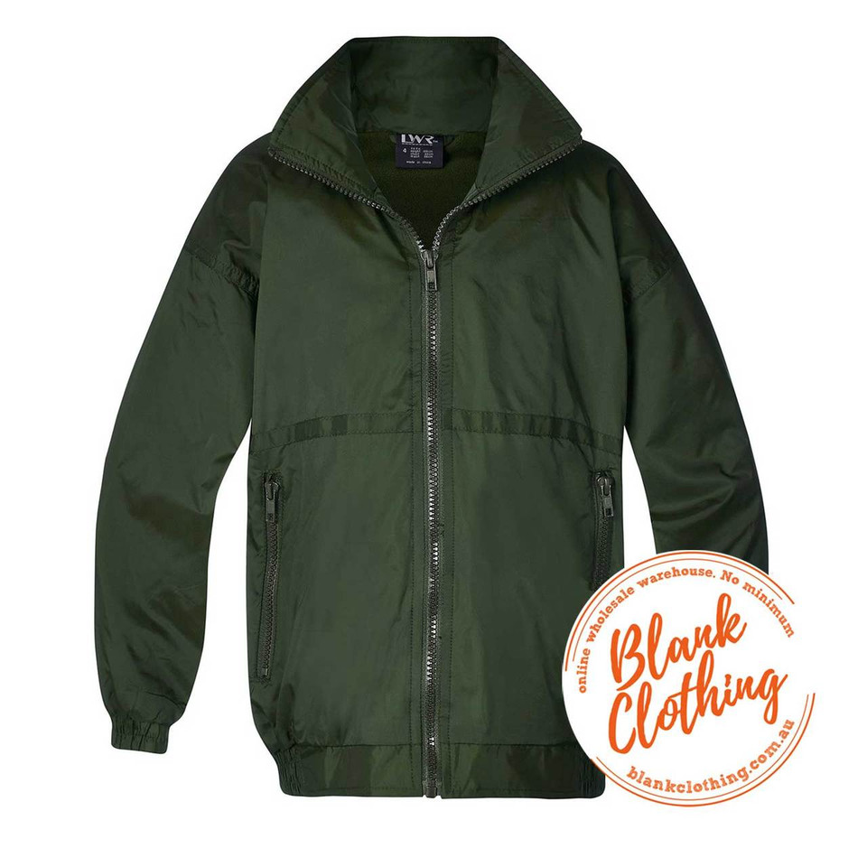 Forest green fleece-lined weatherproof jacket with full zip closure, ribbed cuffs and zippered side pockets