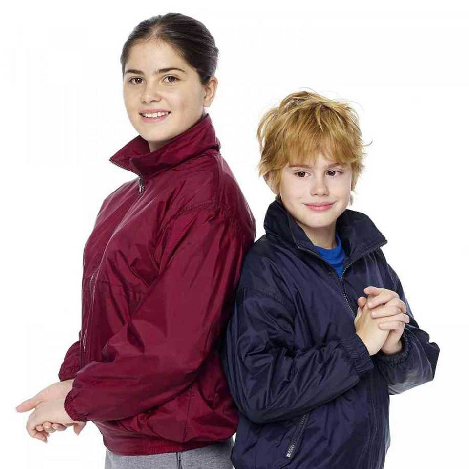 Two children wearing fleece lined weatherproof jackets in burgundy and navy, stand-up collar, zip-through front
