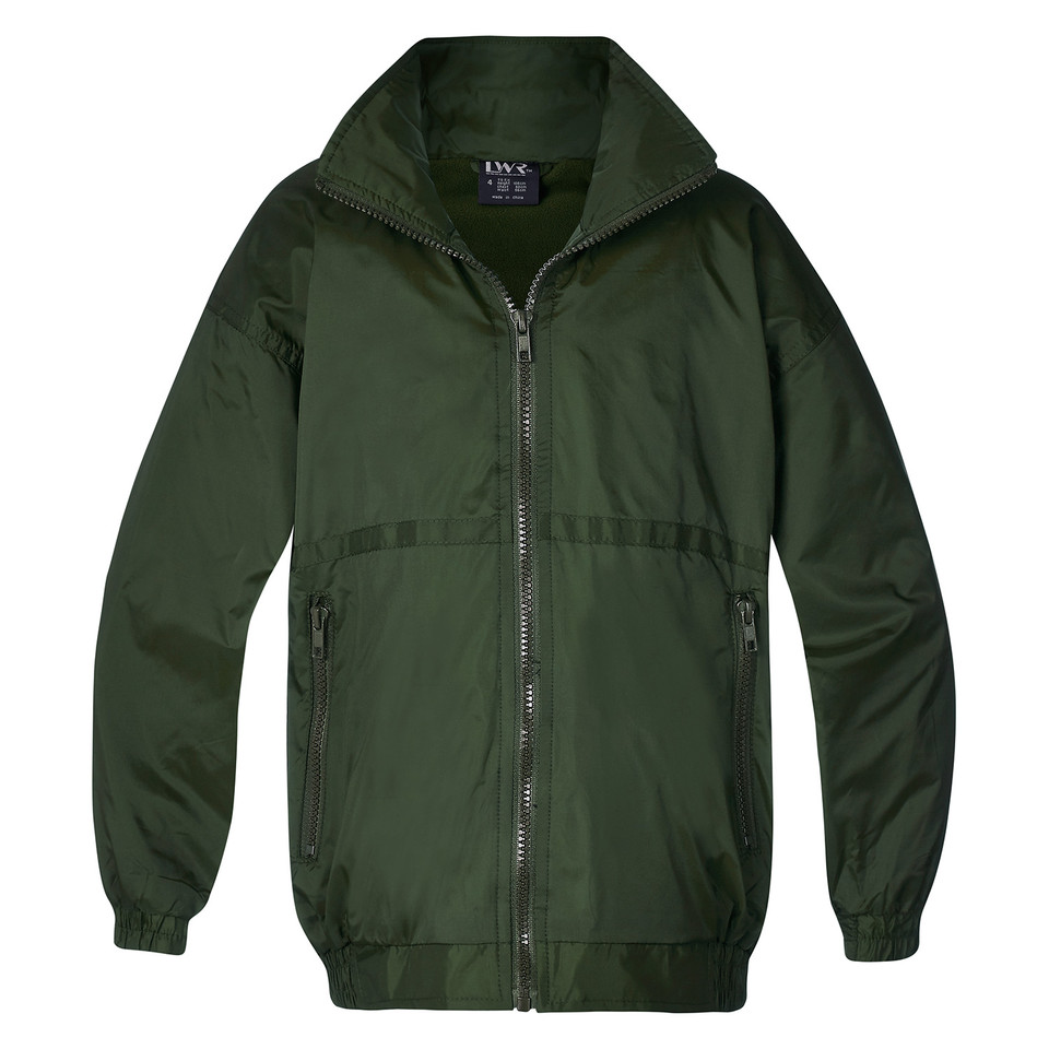 Forest green weatherproof flying jacket with fleece lining, full zip front, elastic cuffs and hem