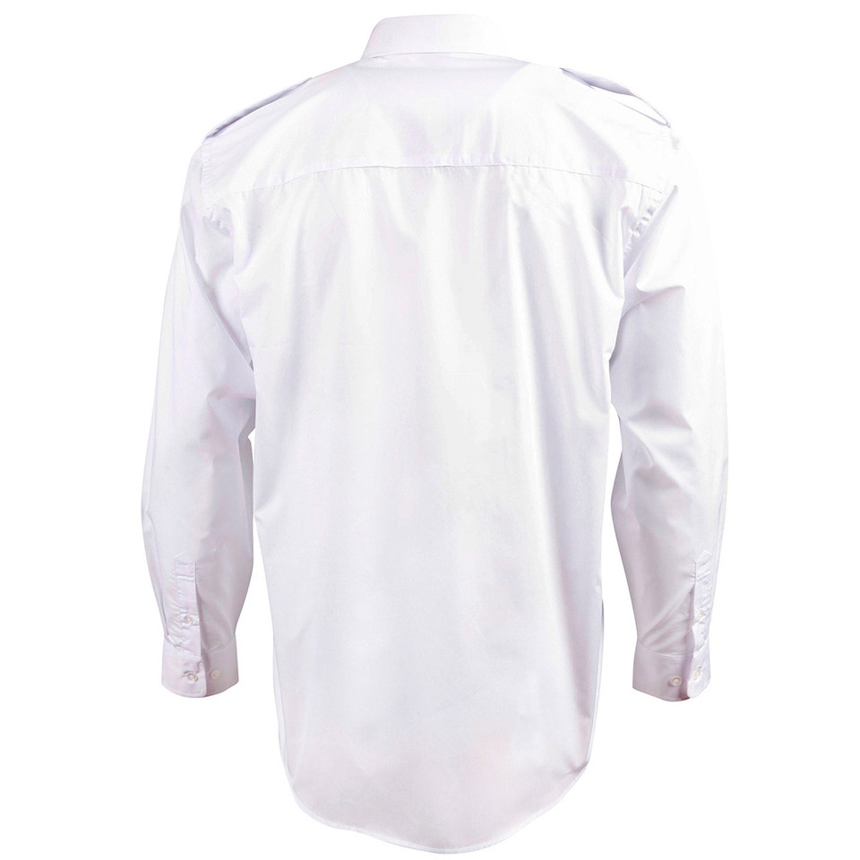 White long sleeve epaulette shirt rear view showing smooth back panel, shoulder loops and button cuffs