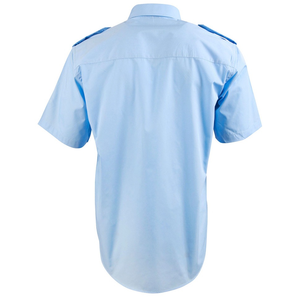 Sky blue short sleeve epaulette shirt rear view showing shoulder loops, back yoke, and smooth woven fabric