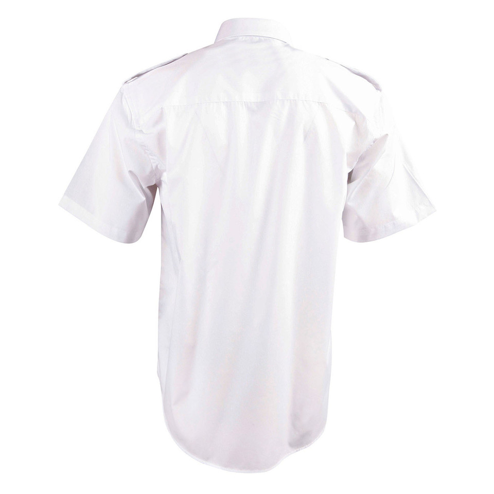 White short sleeve epaulette shirt rear view showing shoulder loops, back yoke and clean smooth panels
