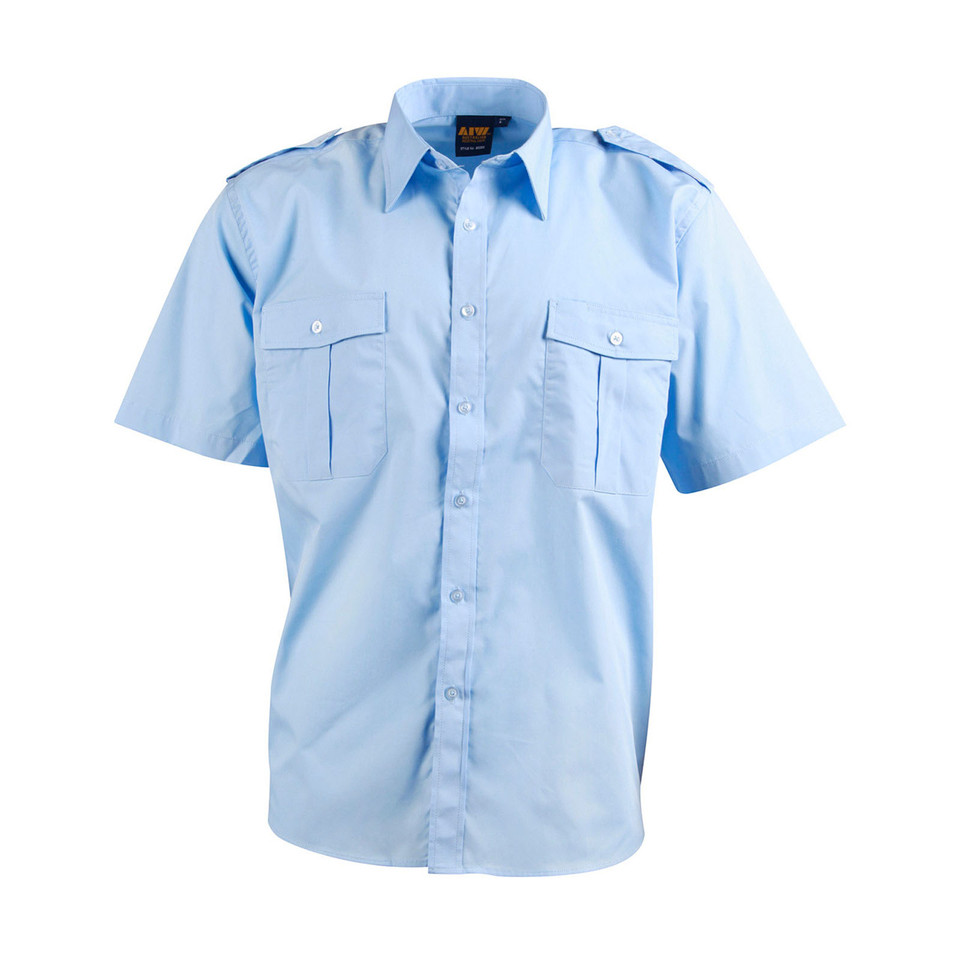 Light blue short sleeve epaulette shirt with twin chest pockets and button front, packshot view