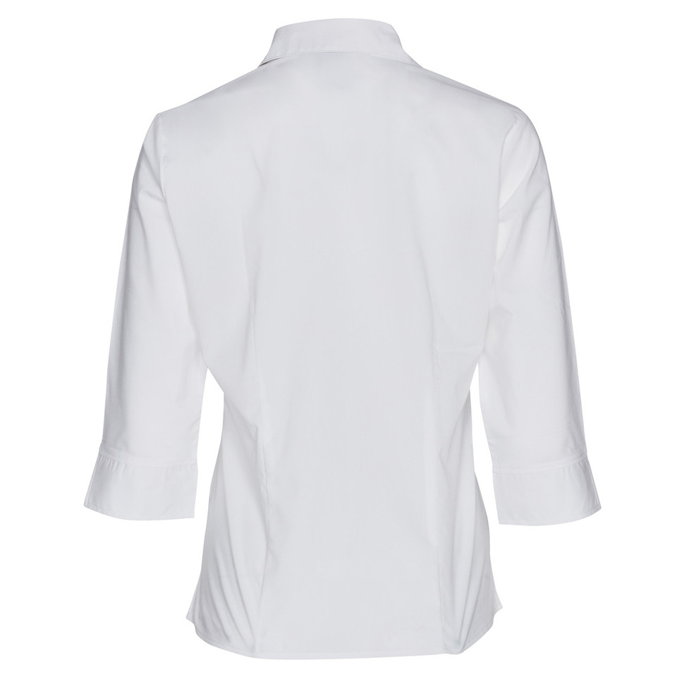 A plain white ladies' 3/4 sleeve shirt featuring wrinkle resistance, stain-release Teflon fabric, and a breathable 120gsm polyester-cotton blend. Ideal for corporate or hospitality uniform.
