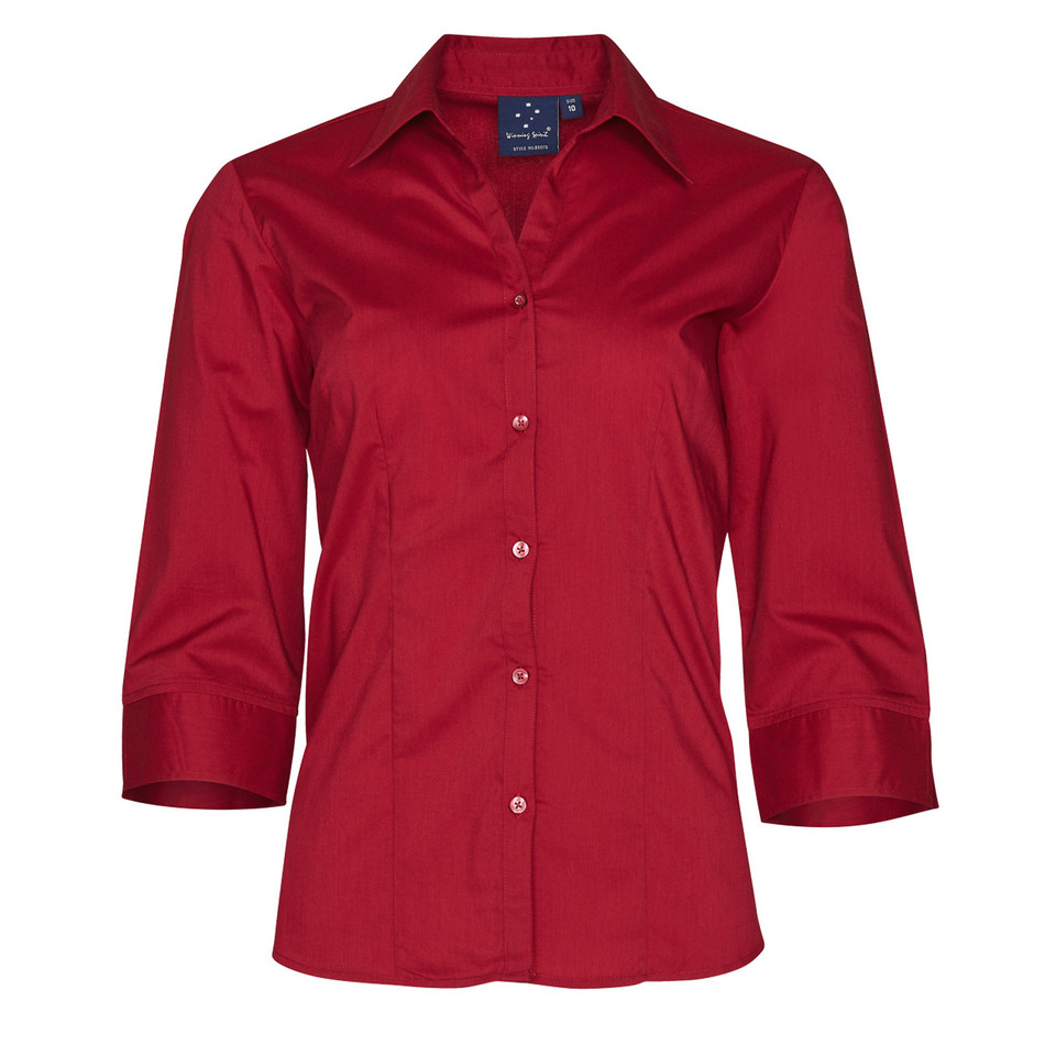 A plain red ladies' 3/4 sleeve shirt featuring wrinkle resistance, stain-release Teflon fabric, and a breathable 120gsm polyester-cotton blend. Ideal for corporate or hospitality uniform.