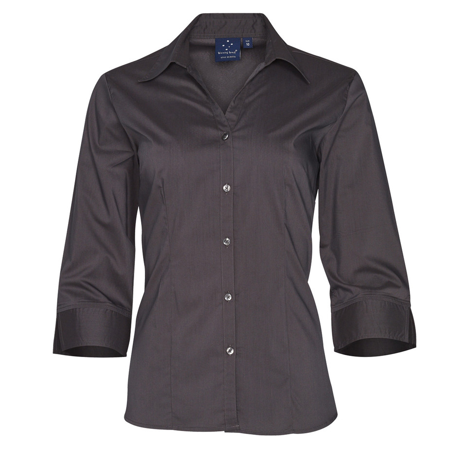 A plain charcoal grey ladies' 3/4 sleeve shirt featuring wrinkle resistance, stain-release Teflon fabric, and a breathable 120gsm polyester-cotton blend. Ideal for corporate or hospitality uniform.