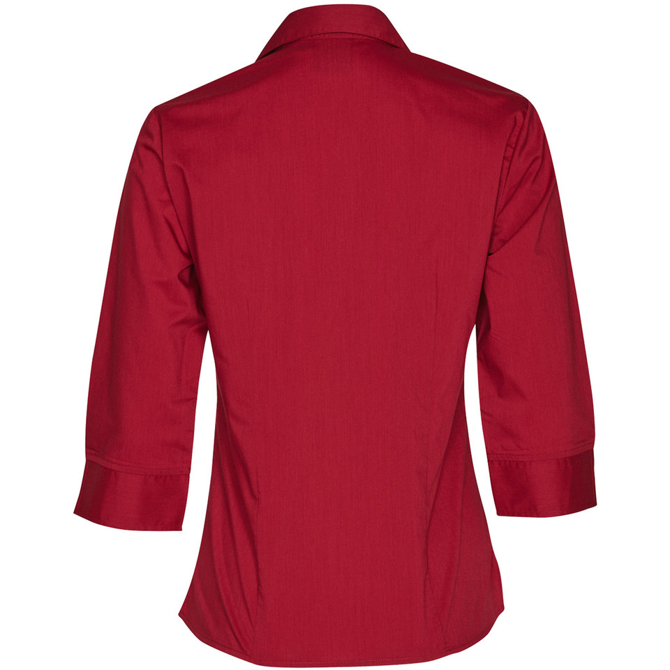 A plain red ladies' 3/4 sleeve shirt featuring wrinkle resistance, stain-release Teflon fabric, and a breathable 120gsm polyester-cotton blend. Ideal for corporate or hospitality uniform.
