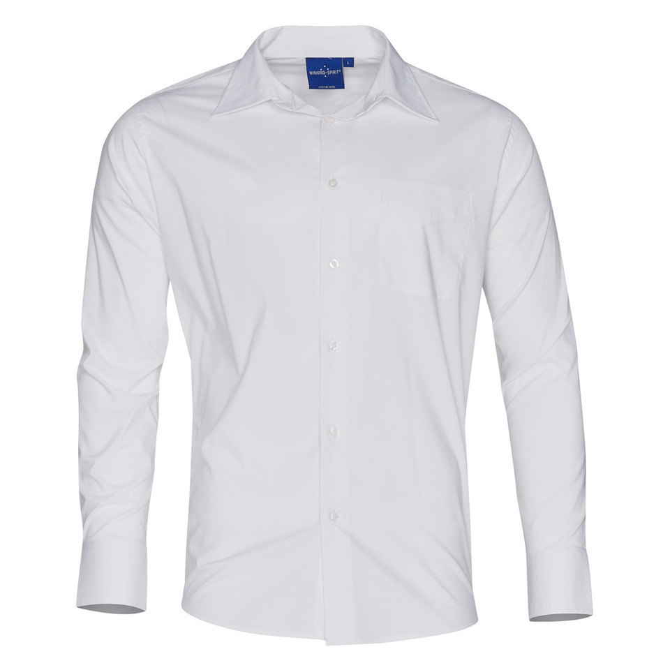 White Plain EXPERT men's long-sleeve corporate shirt with wrinkle resistance and stain-release Teflon finish, ideal for breathable business, hospitality, or uniform wear.