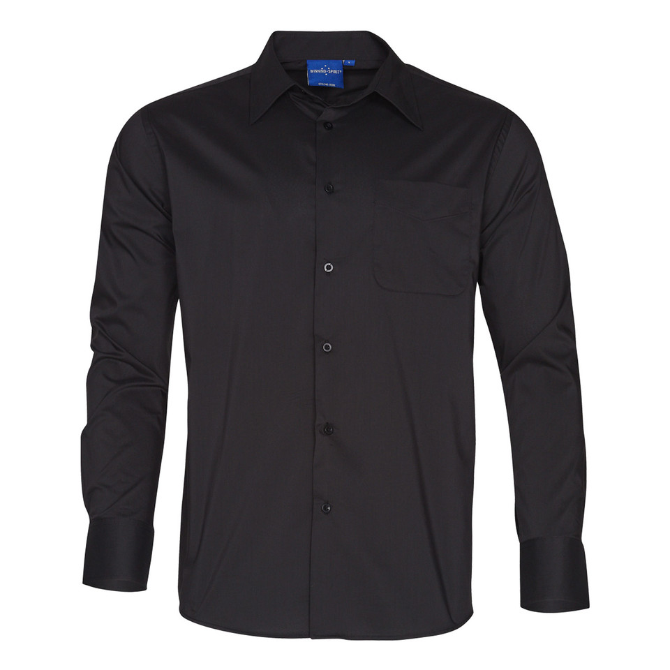 Black Plain EXPERT men's long-sleeve corporate shirt with wrinkle resistance and stain-release Teflon finish, ideal for breathable business, hospitality, or uniform wear.