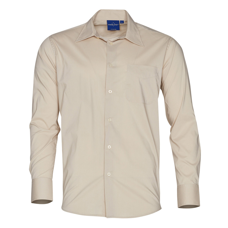 Sand long sleeve men's business shirt with point collar, button front and left chest pocket