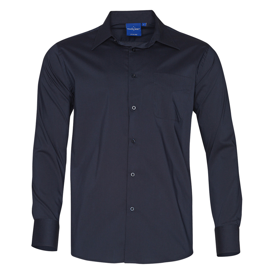 Charcoal grey long sleeve dress shirt with standard collar and button-front closure