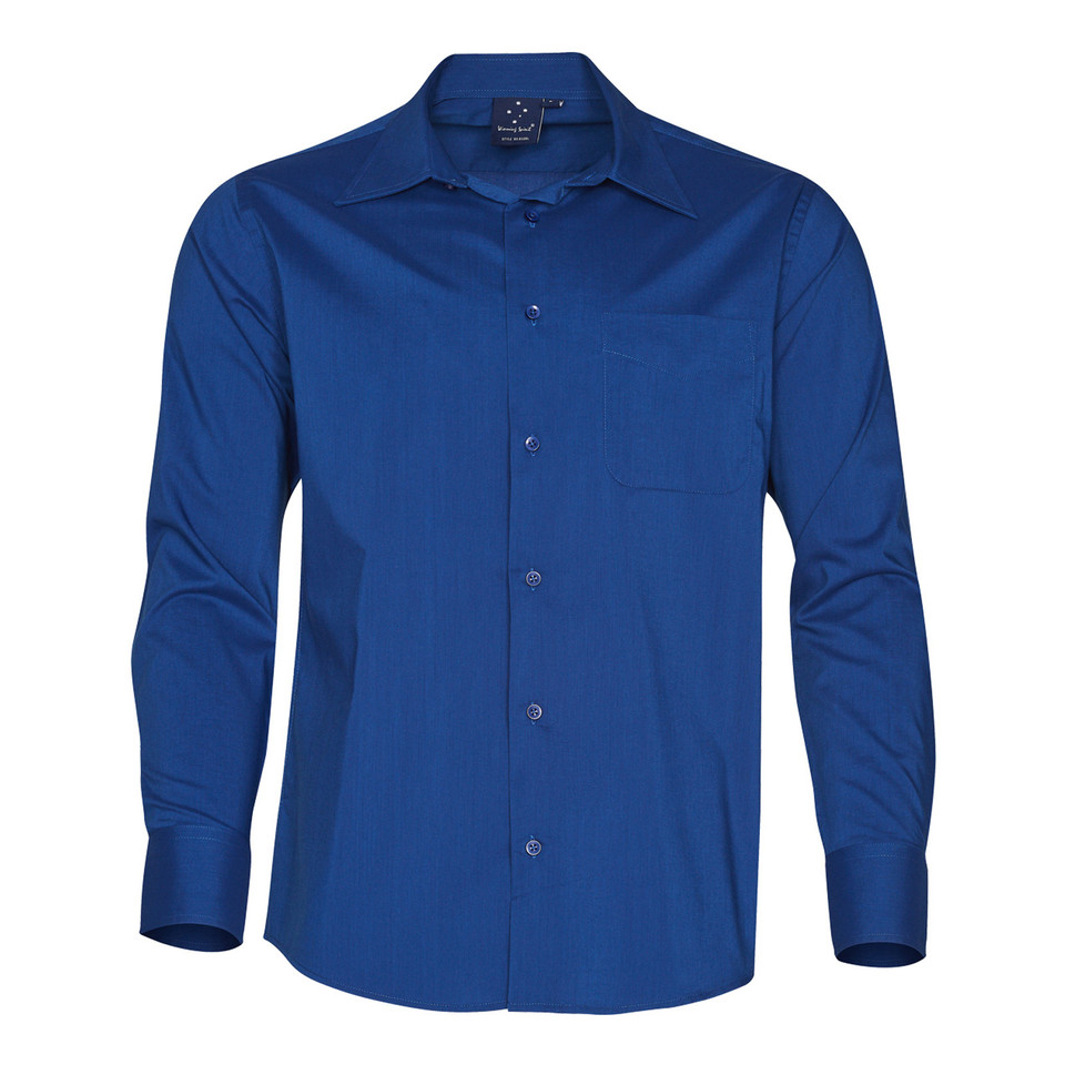 Royal blue long sleeve business shirt with chest pocket and wrinkle-resistant fabric finish