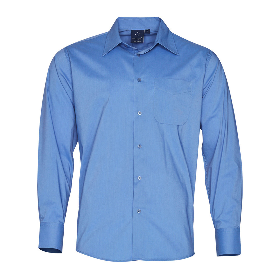 Mid Blue Plain EXPERT men's long-sleeve corporate shirt with wrinkle resistance and stain-release Teflon finish, ideal for breathable business, hospitality, or uniform wear.