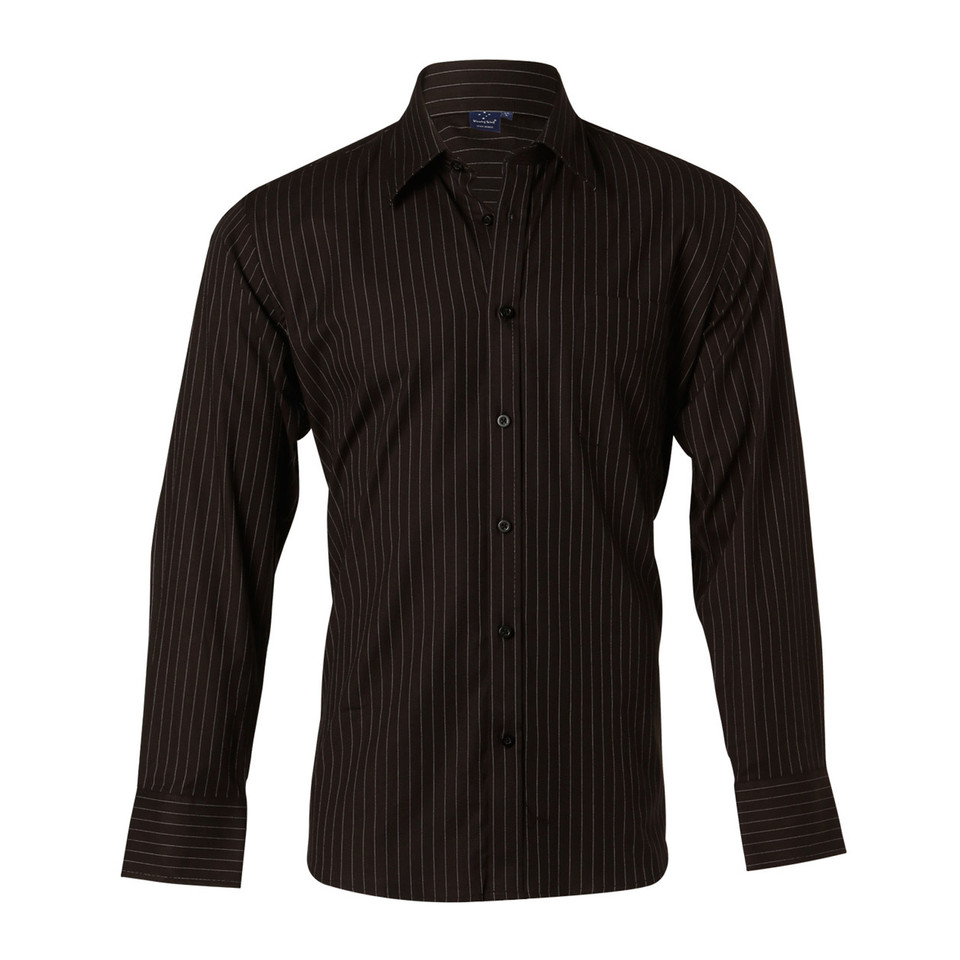 Black+White JERRY Men's Pin Stripe Long Sleeve Shirt, a classic button-down business shirt with a fine vertical stripe pattern, perfect for corporate wear or formal occasions.