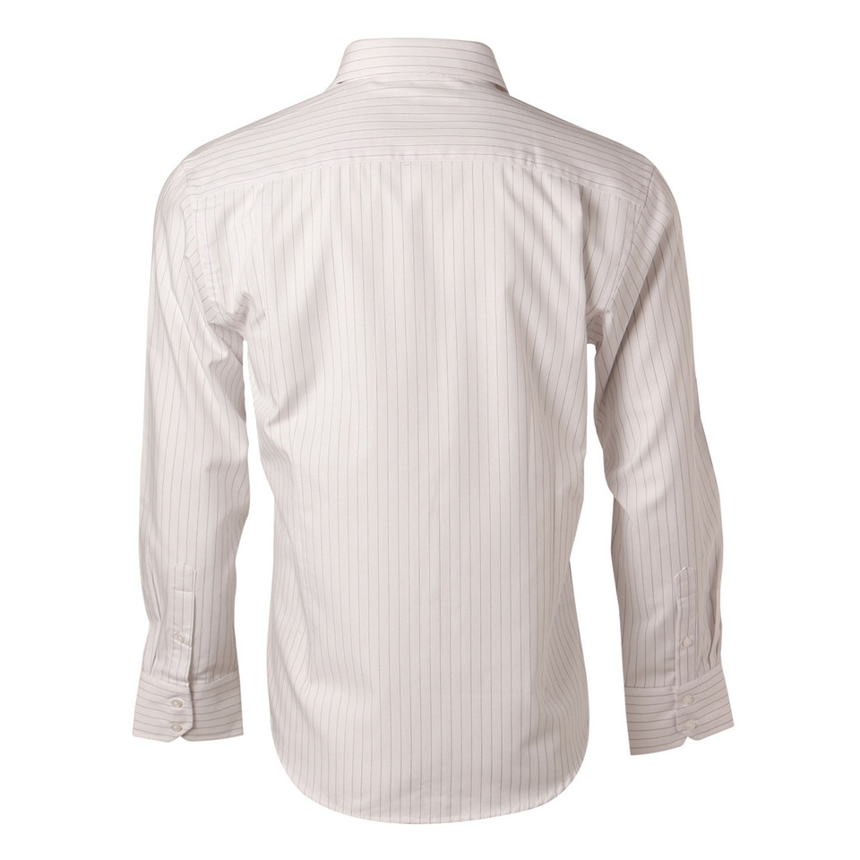 Back view of white long sleeve business shirt with subtle grey pinstripes and button cuff detail