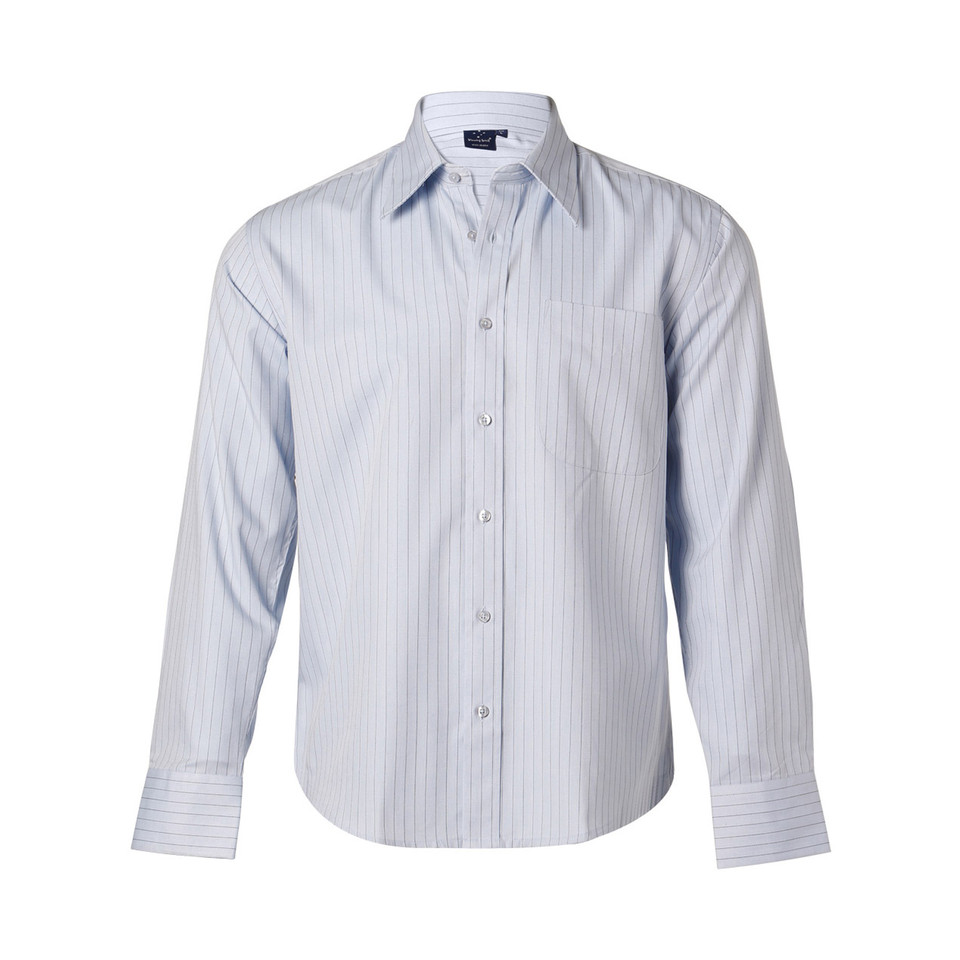 Light blue and white vertical pinstripe dress shirt with long sleeves, collar and chest pocket