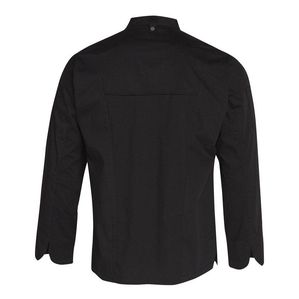 Black long-sleeved chef jacket with mandarin collar, snap buttons, and back yoke panel shown from rear view