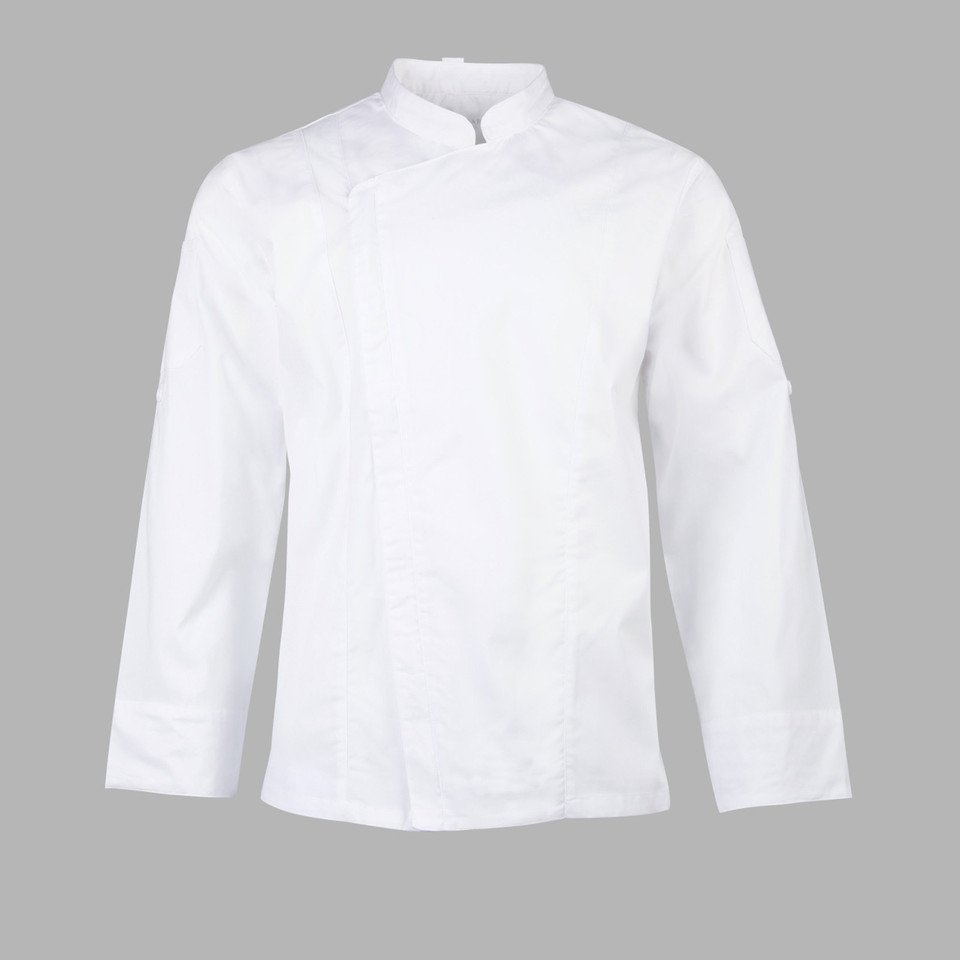 White chef jacket with mandarin collar and long sleeves featuring press stud closure