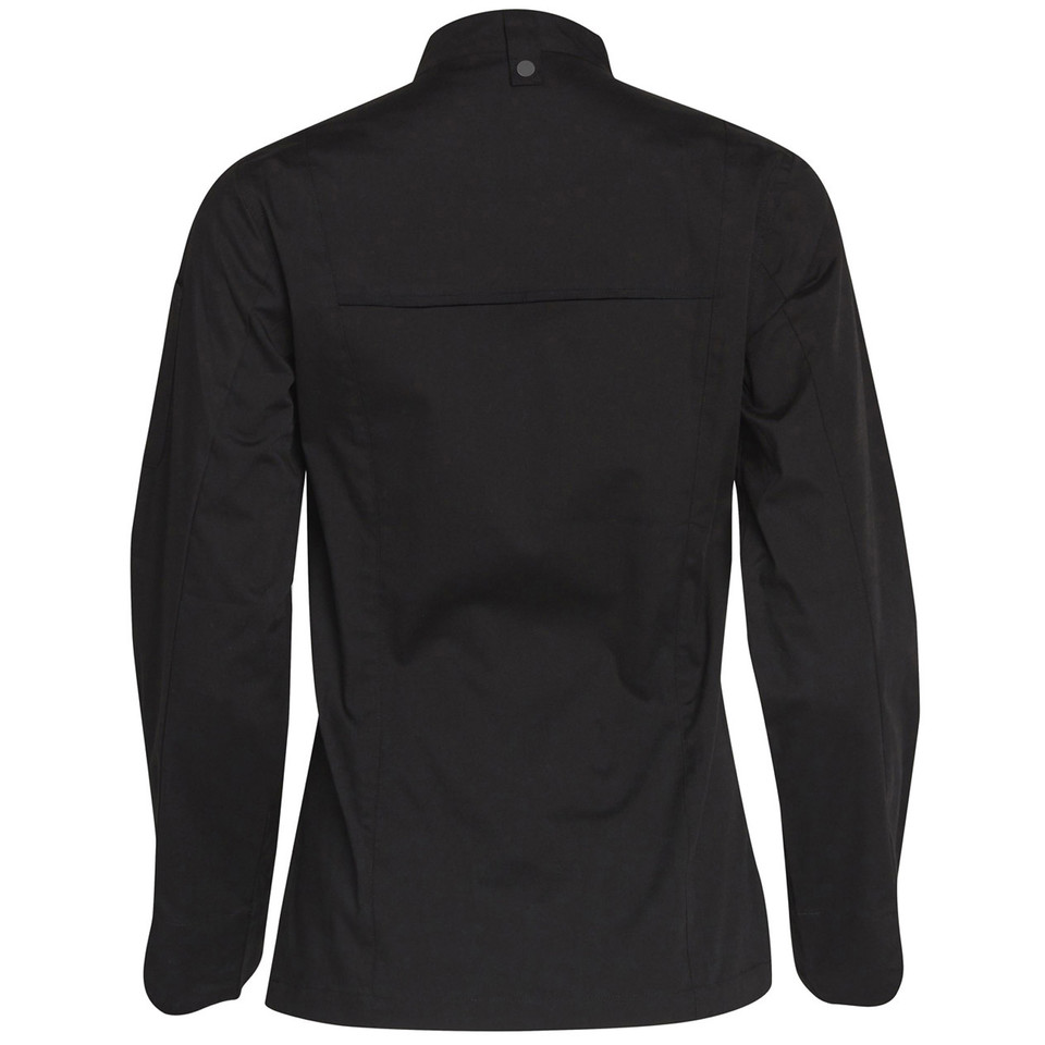 Black long-sleeved chef jacket with snap-button collar and horizontal chest seam, rear view