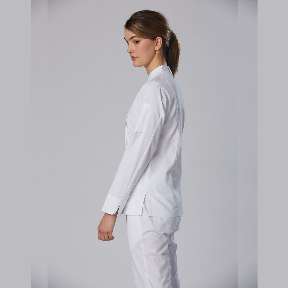 White chef jacket with long sleeves and mandarin collar shown in side profile view