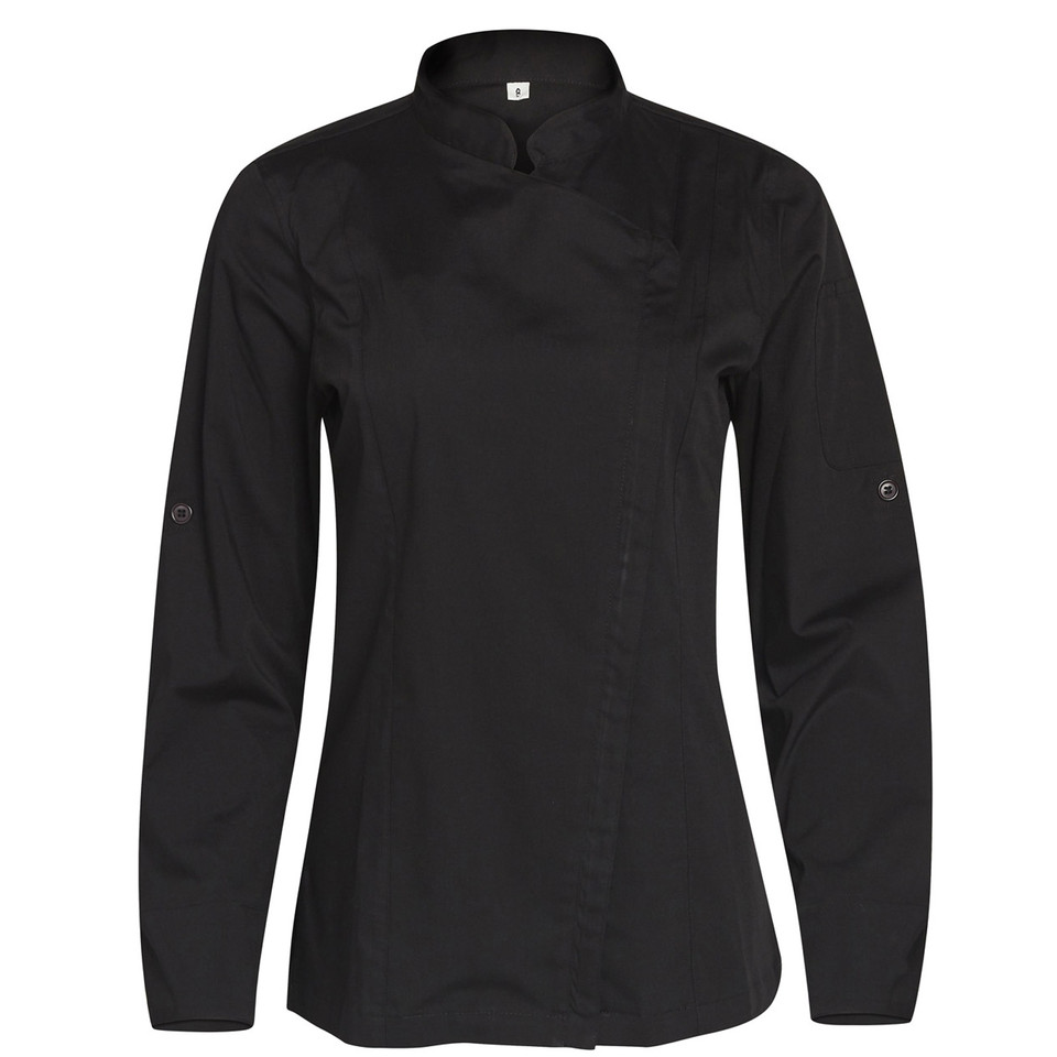 Black ladies chef jacket with mandarin collar, long sleeves with rollable cuffs and concealed snap closure